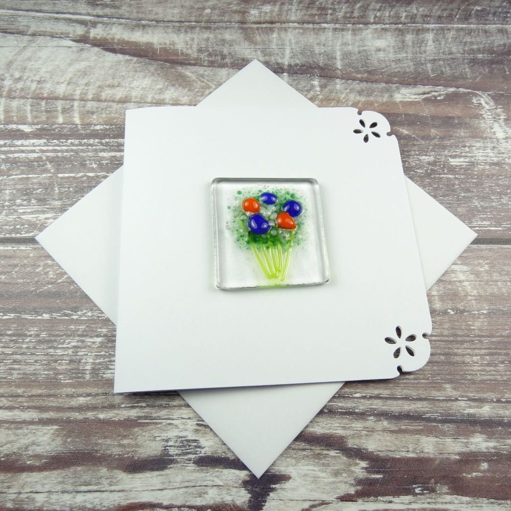 Handmade fused glass art greeting card, any occasion ~ blue & orange flowers, floral, bouquet ~ 4x4 inch card, 1.5 inch (+/-) glass (#401)