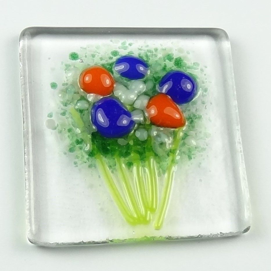 Handmade fused glass art greeting card, any occasion ~ blue & orange flowers, floral, bouquet ~ 4x4 inch card, 1.5 inch (+/-) glass (#401)