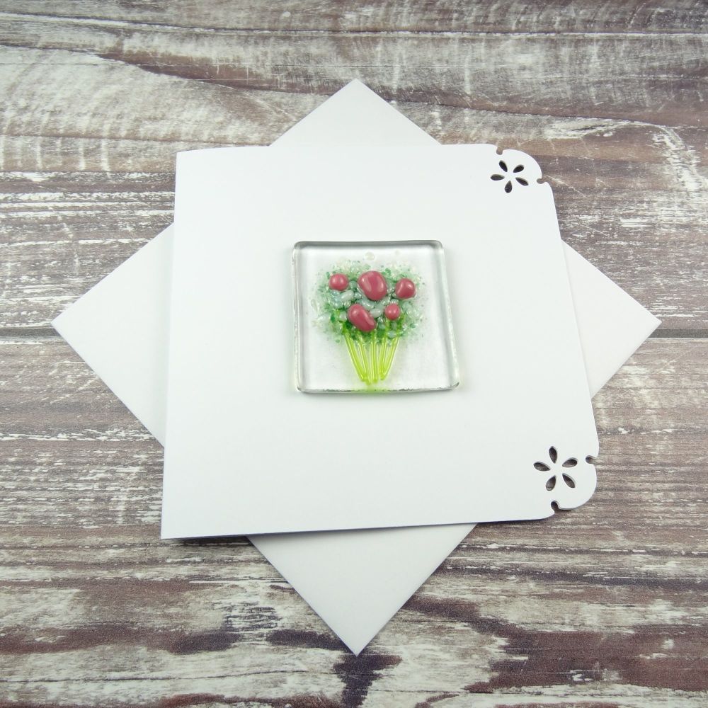 Handmade fused glass art greeting card, any occasion ~ pink & white flowers, floral, bouquet ~ 4x4 inch card, 1.5 inch (+/-) glass (#399)