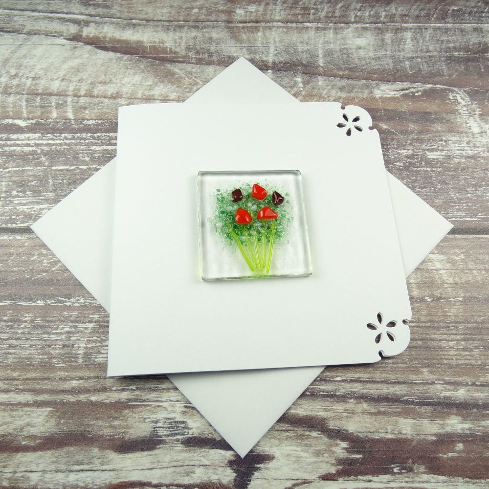 Handmade fused glass art greeting card, any occasion ~ red flowers, floral, bouquet ~ 4x4 inch card, 1.5 inch (+/-) glass (#404)