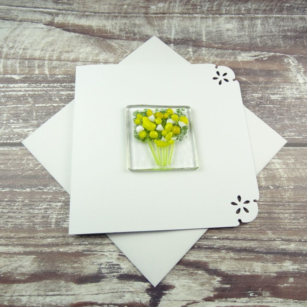 Handmade fused glass art greeting card, any occasion ~ yellow & white flowers, floral, bouquet ~ 4x4 inch card, 1.5 inch (+/-) glass (#406)