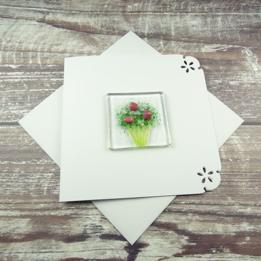 Handmade fused glass art greeting card, any occasion ~ pink & white flowers, floral, bouquet ~ 4x4 inch card, 1.5 inch (+/-) glass (#407)