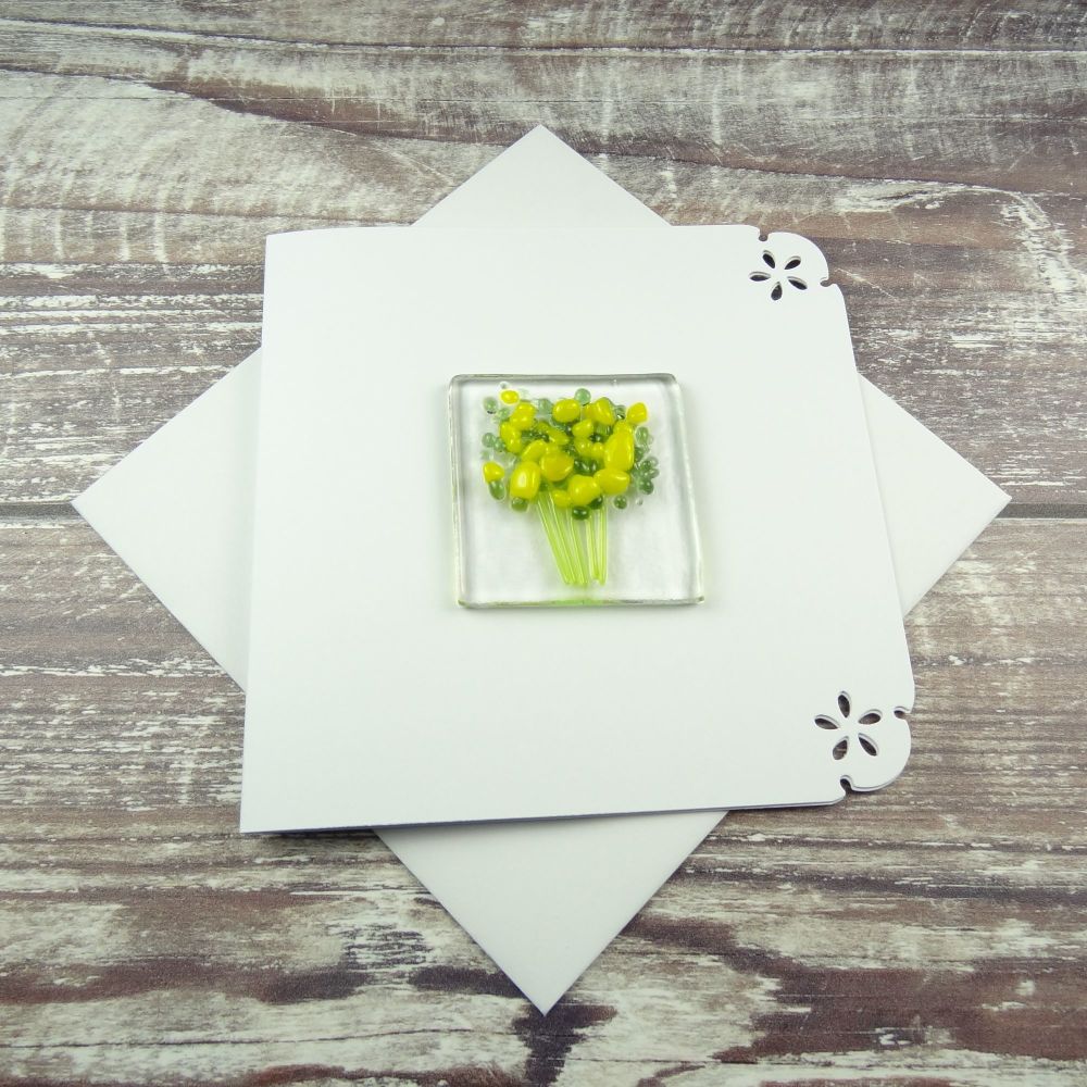 Handmade fused glass art greeting card, any occasion ~ yellow flowers, floral, bouquet ~ 4x4 inch card, 1.5 inch (+/-) glass (#409)