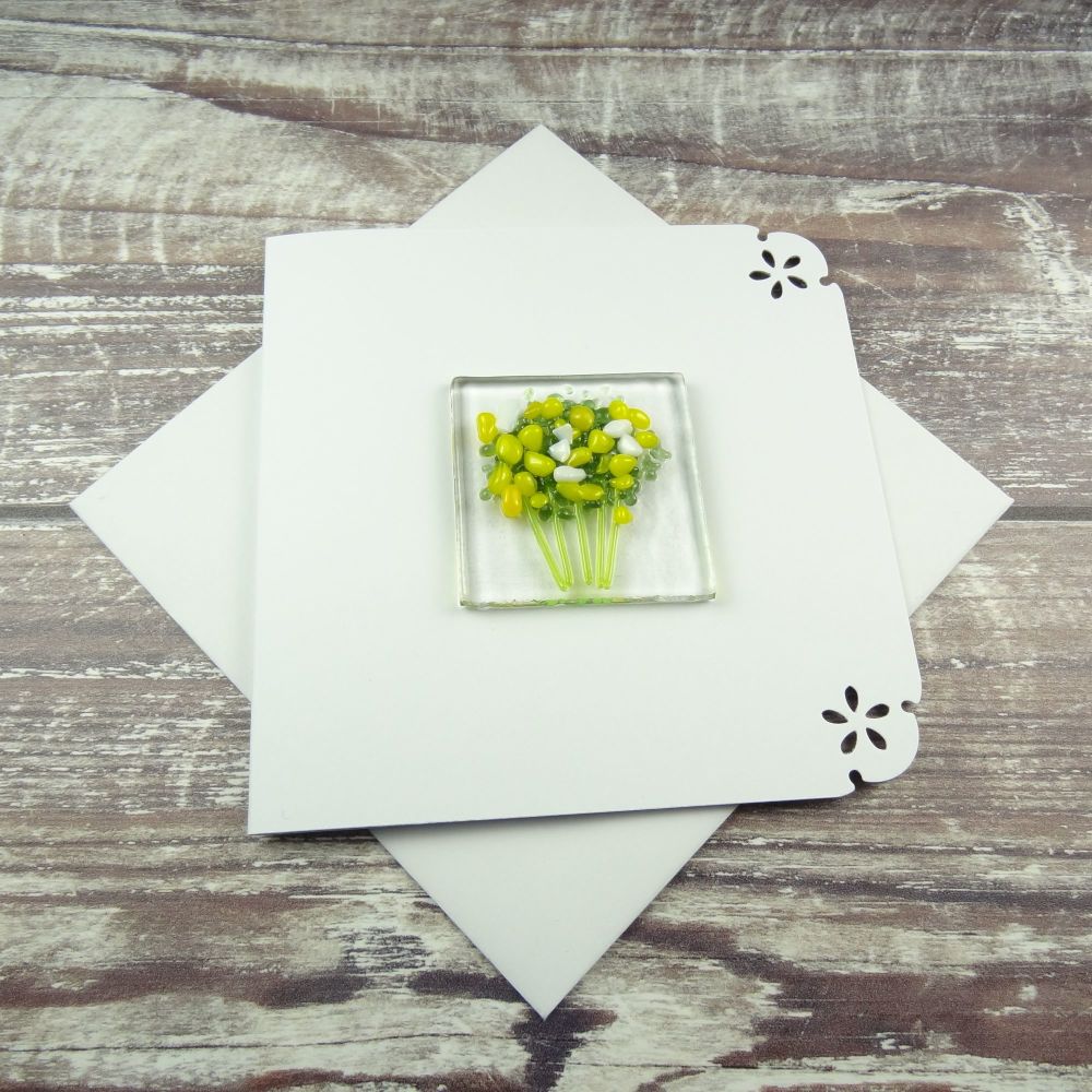 Handmade fused glass art greeting card, any occasion ~ yellow & white flowers, floral, bouquet ~ 4x4 inch card, 1.5 inch (+/-) glass (#410)