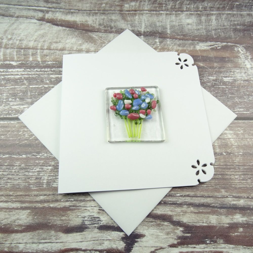 Handmade fused glass greeting card any occasion blue pink & white flowers