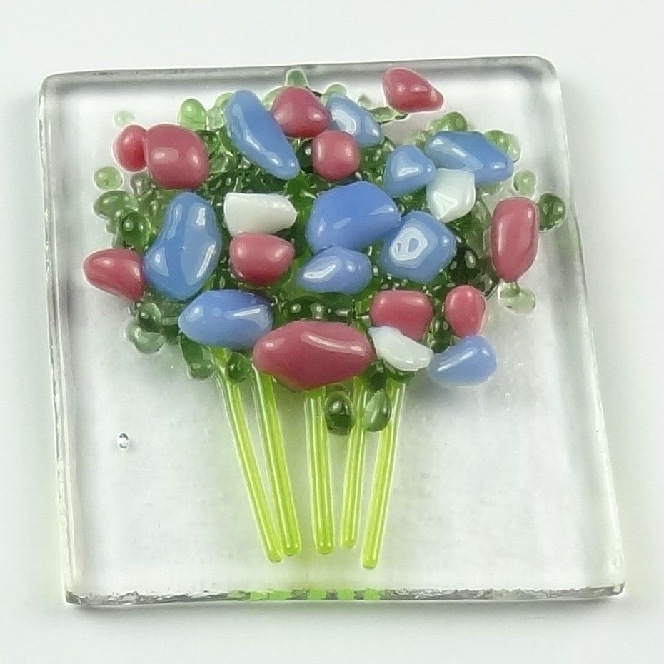 Handmade fused glass art greeting card, any occasion ~ blue pink & white flowers, floral, bouquet ~ 4x4 inch card, 1.5 inch (+/-) glass (#411)