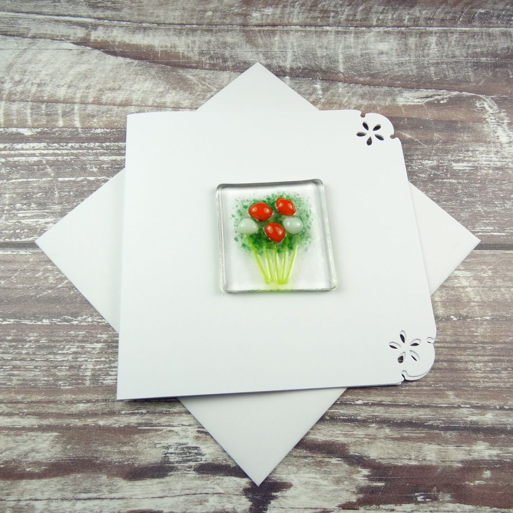 Handmade fused glass art greeting card, any occasion ~ orange & white flowers, floral, bouquet ~ 4x4 inch card, 1.5 inch (+/-) glass (#408)