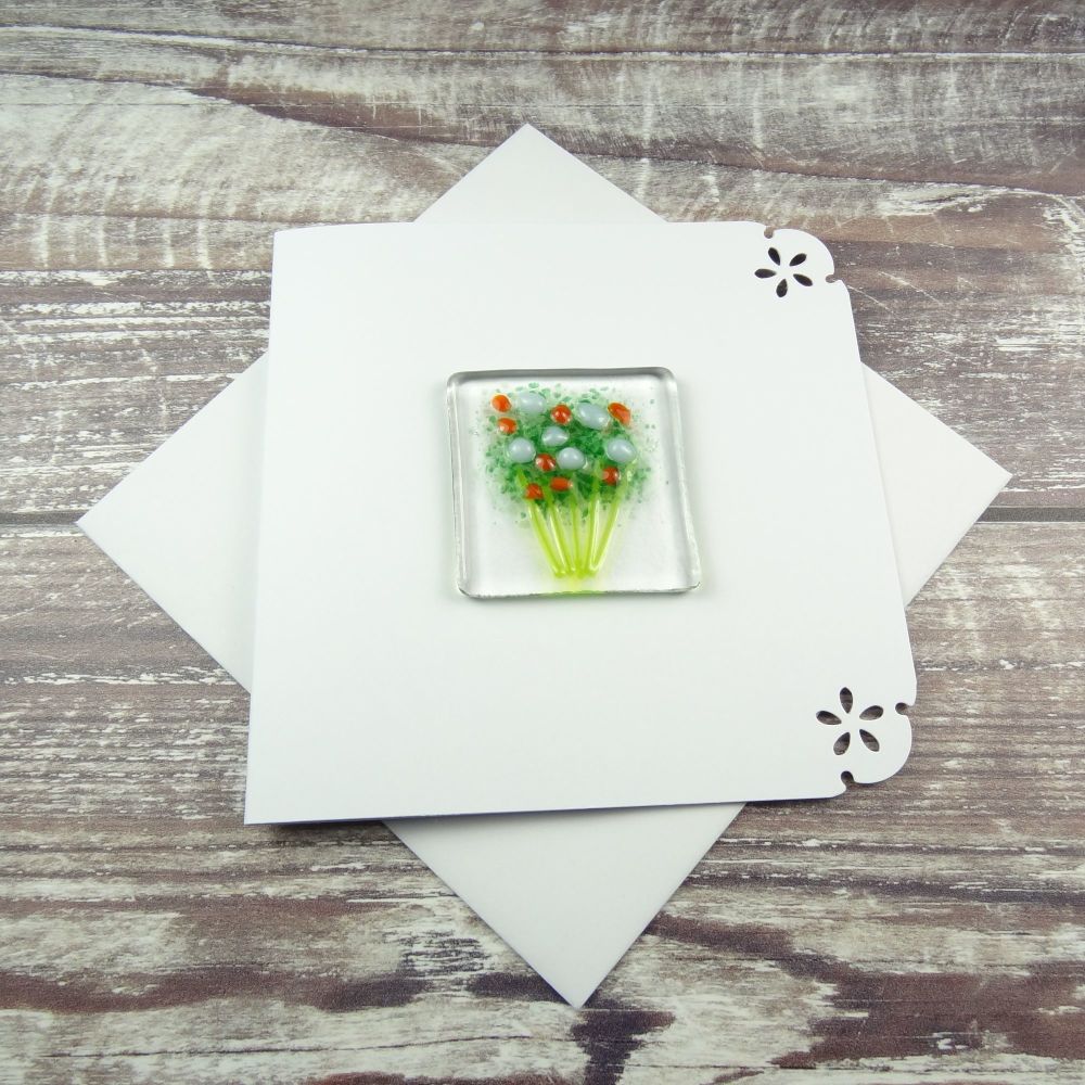 Handmade fused glass art greeting card, any occasion ~ orange & pale blue flowers, floral, bouquet ~ 4x4 inch card, 1.5 inch (+/-) glass (#392)