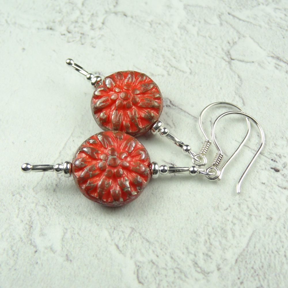 Sterling silver Czech glass red dahlia flower drop earrings, in a gift box 