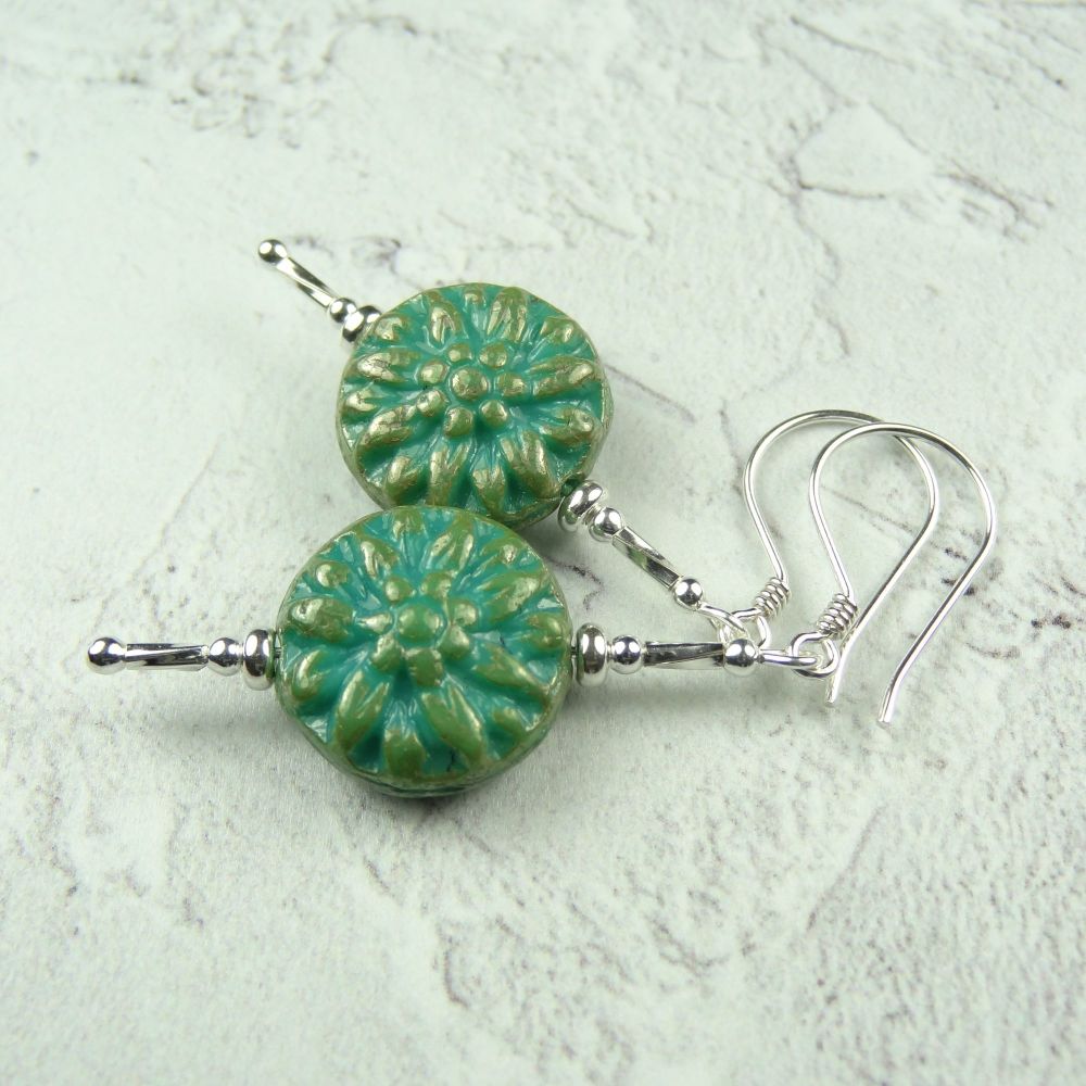 Sterling silver Czech glass turquoise dahlia flower drop earrings, in a gift box - glass coin 14mm (+/-) (#30574)