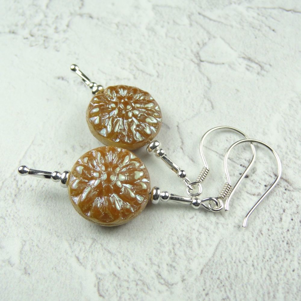 Sterling silver Czech glass warm beige dahlia flower drop earrings, in a gift box - glass coin 14mm (+/-) (#30104)