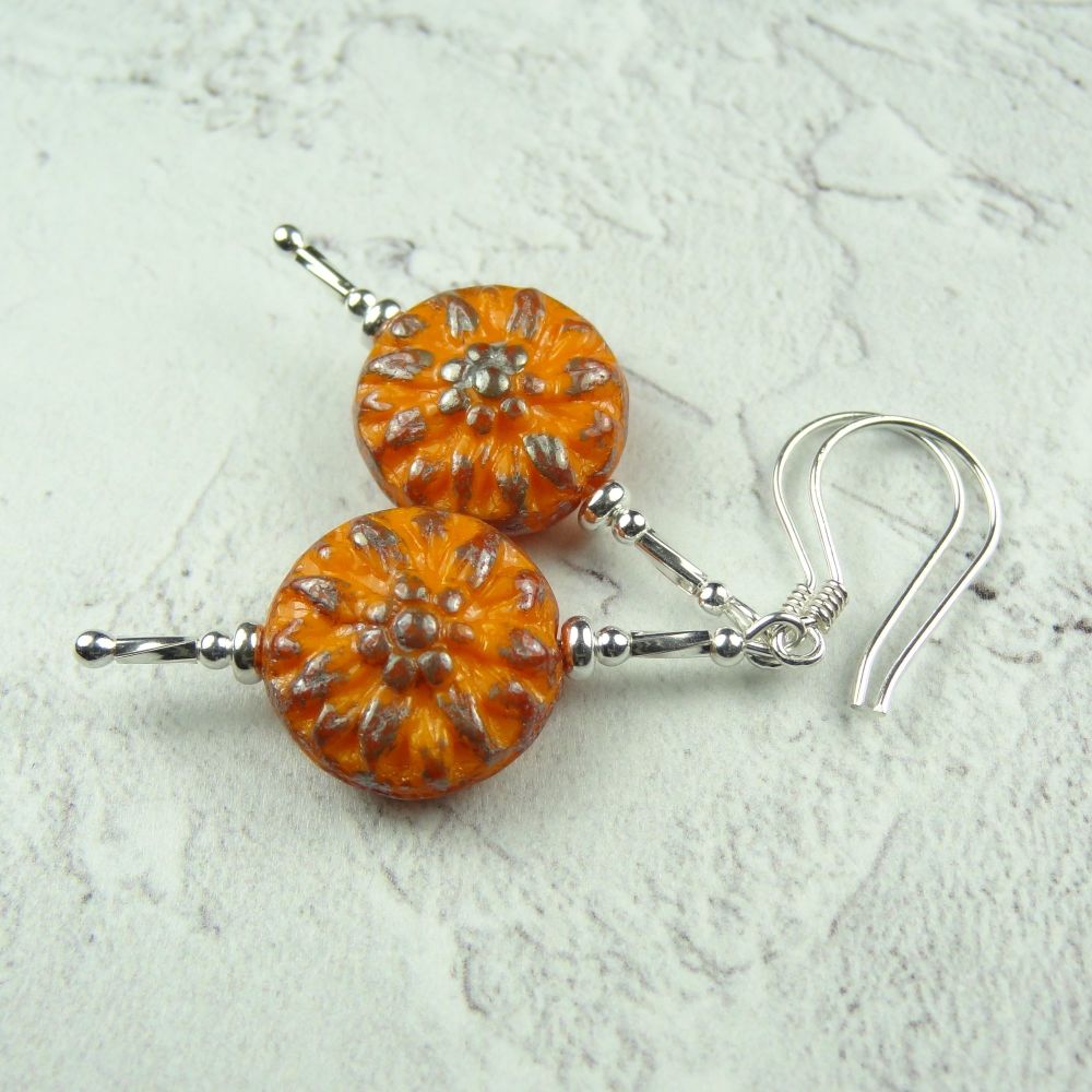 Sterling silver Czech glass orange dahlia flower drop earrings, in a gift box - glass coin 14mm (+/-) (#30078)