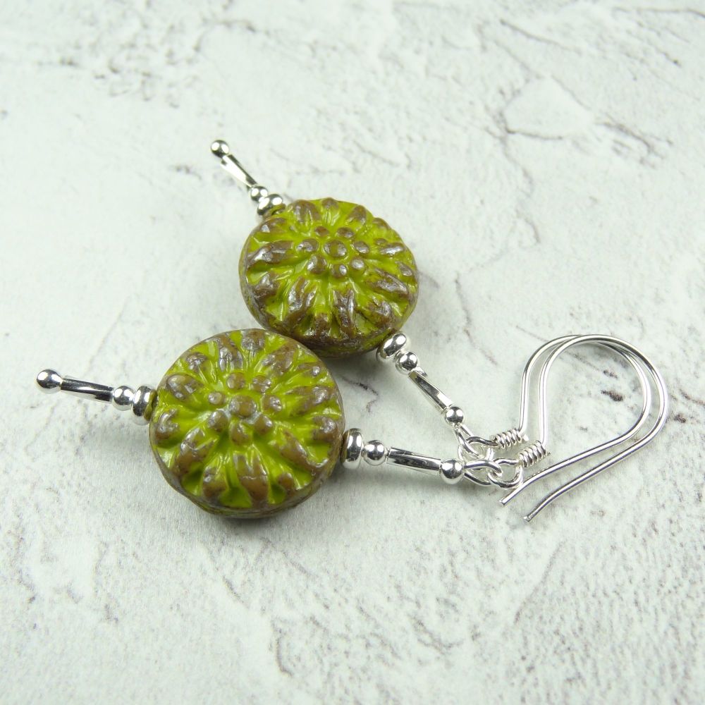 Sterling silver Czech glass pistachio green dahlia flower drop earrings