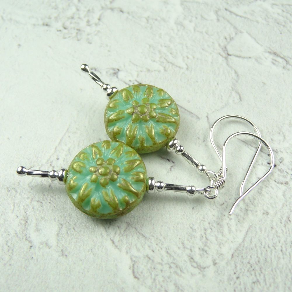 Sterling silver Czech glass green dahlia flower drop earrings, in a gift box - glass coin 14mm (+/-) (#30259)