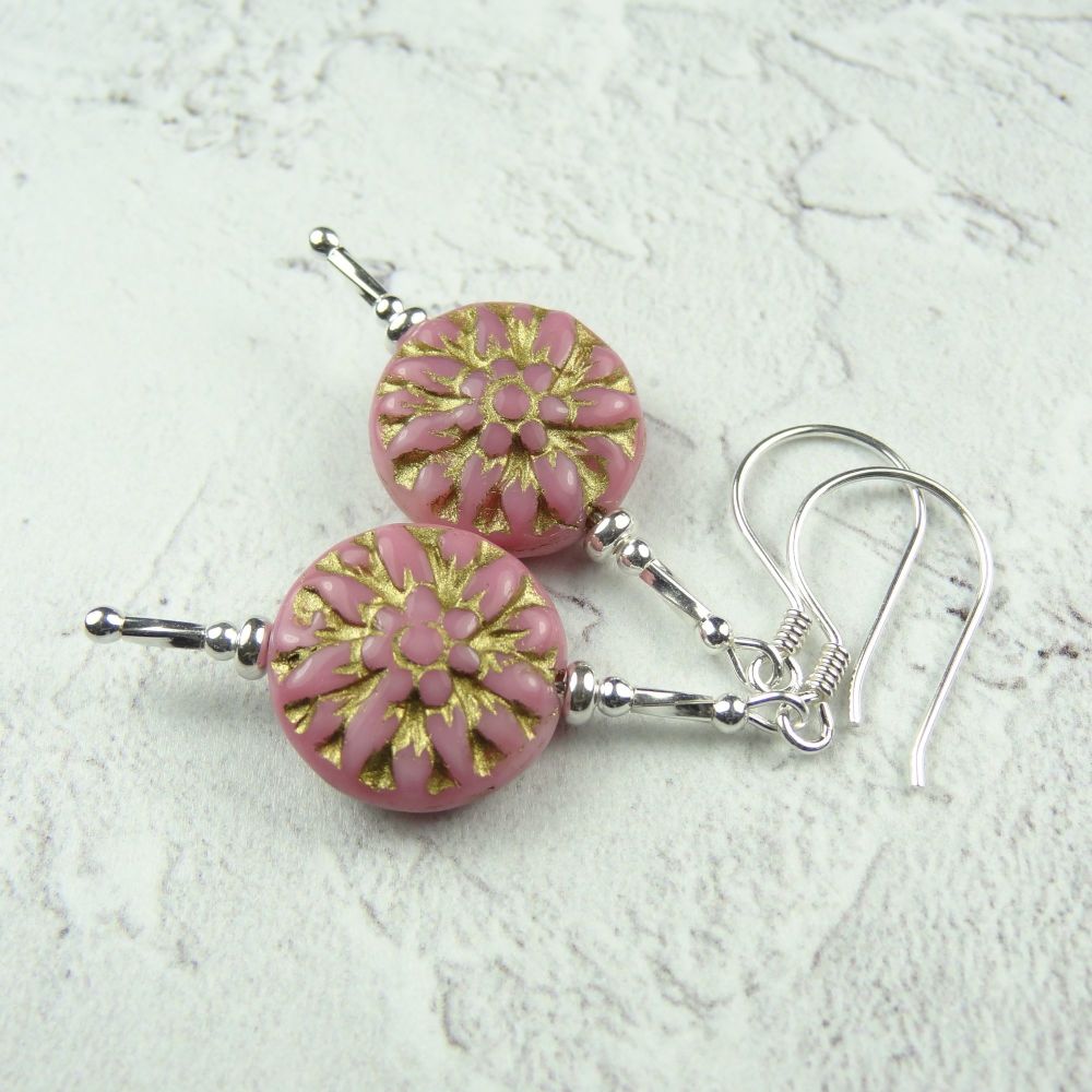 Sterling silver Czech glass pink dahlia flower drop earrings, in a gift box - glass coin 14mm (+/-) (#30530)