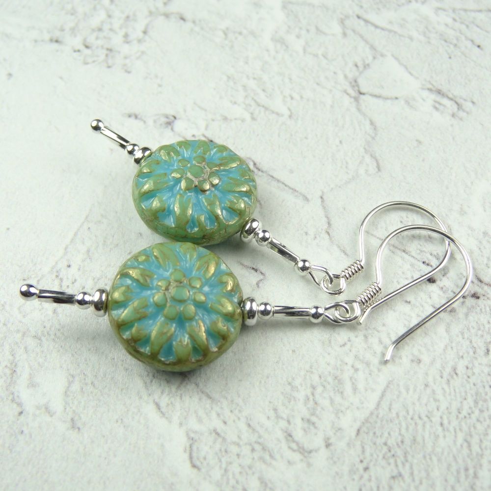 Sterling silver Czech glass blue dahlia flower drop earrings, in a gift box - glass coin 14mm (+/-) (#30473)