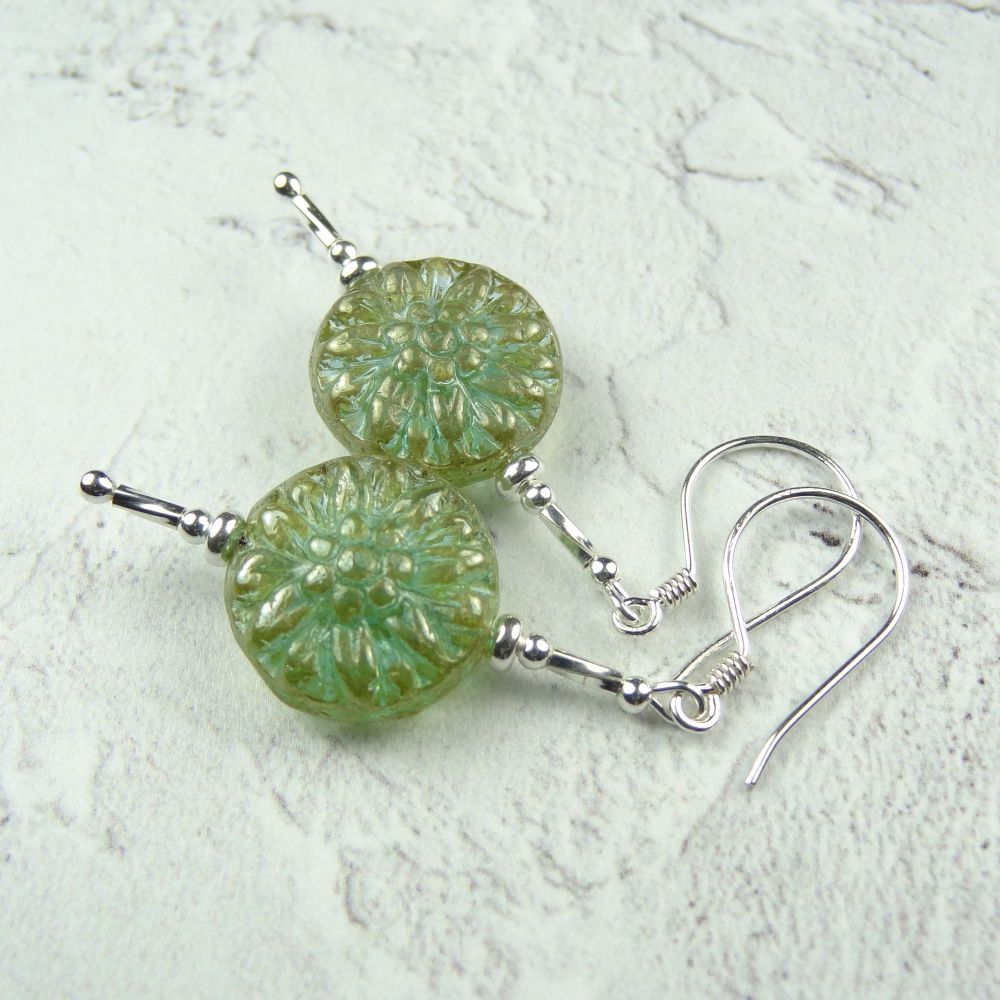 Sterling silver Czech glass green dahlia flower drop earrings in a gift box