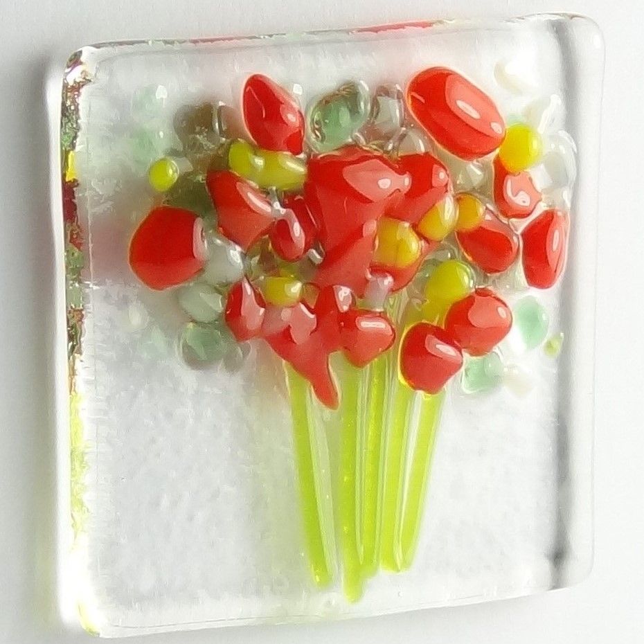 Handmade fused glass art greeting card, any occasion ~ red & yellow flowers, floral, bouquet ~ 4x4 inch card, 1.5 inch (+/-) glass (#237)