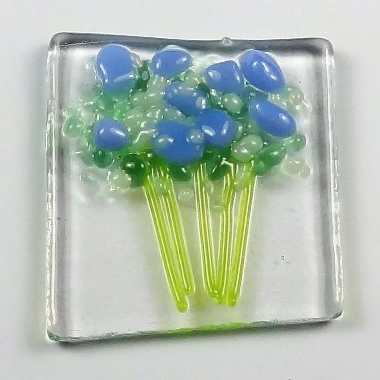 Handmade fused glass art greeting card, any occasion ~ blue & white flowers, floral, bouquet ~ 4x4 inch card, 1.5 inch (+/-) glass (#62)