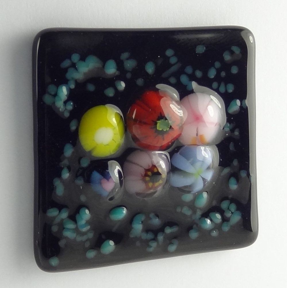 Handmade fused glass art greeting card, any occasion, birthday ~ multi-coloured ~ 4x4 inch card, 1.5 inch (+/-) glass (#32)