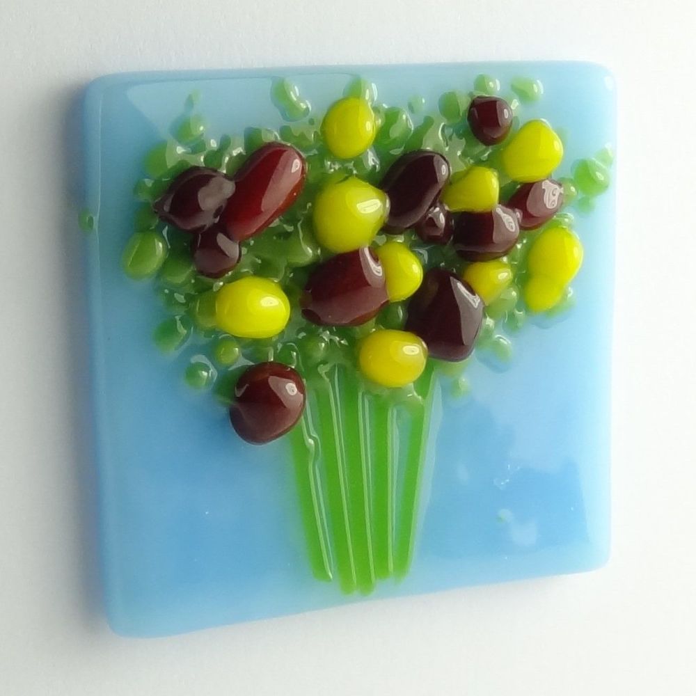 Handmade fused glass art greeting card, any occasion ~ red and yellow flowers, floral, bouquet ~ 4x4 inch card, 1.5 inch (+/-) glass (#351)