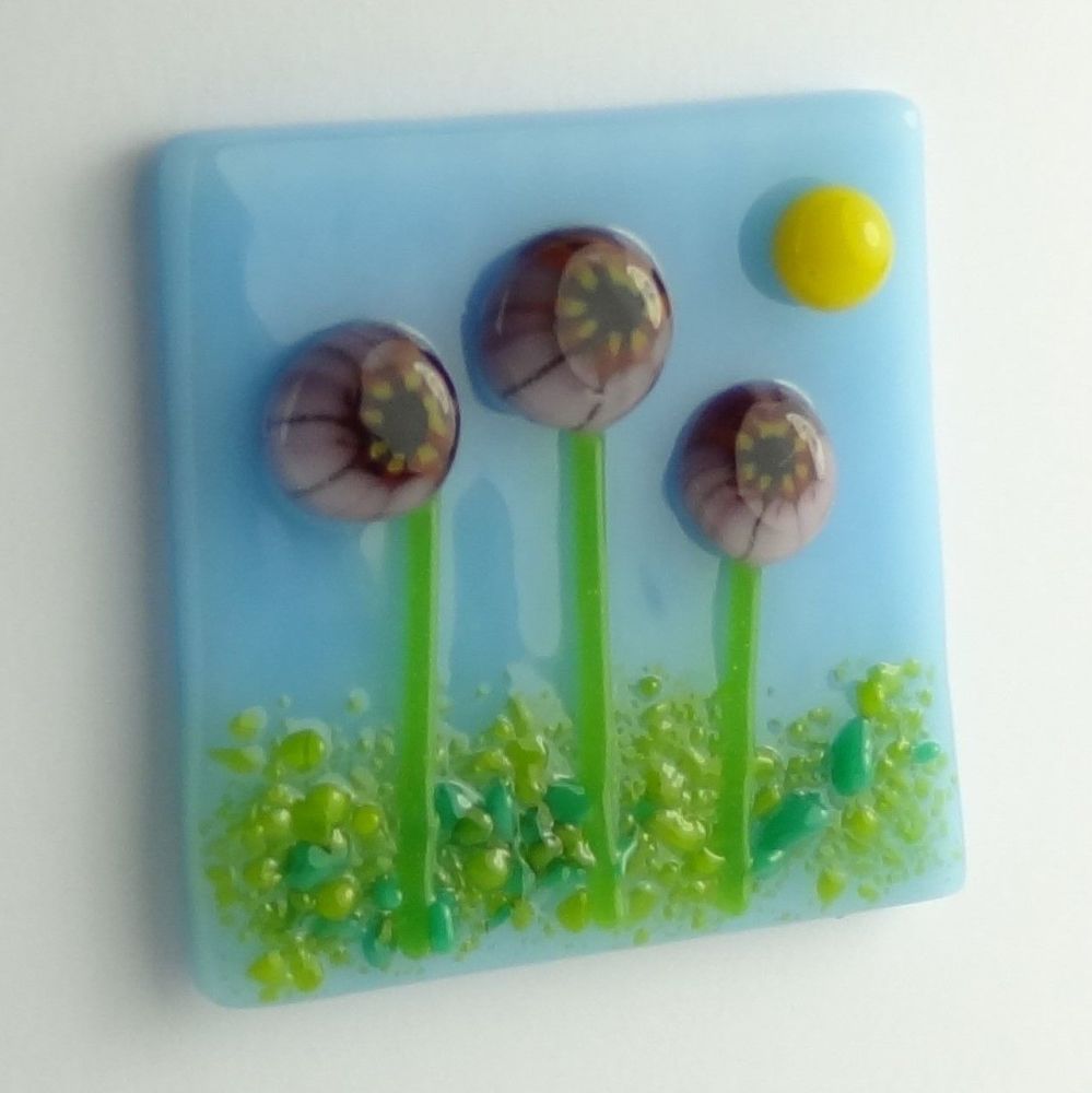 Handmade fused glass art greeting card, any occasion ~ pink Murrini flowers, floral ~ 4x4 inch card, 1.5 inch (+/-) glass (#57)