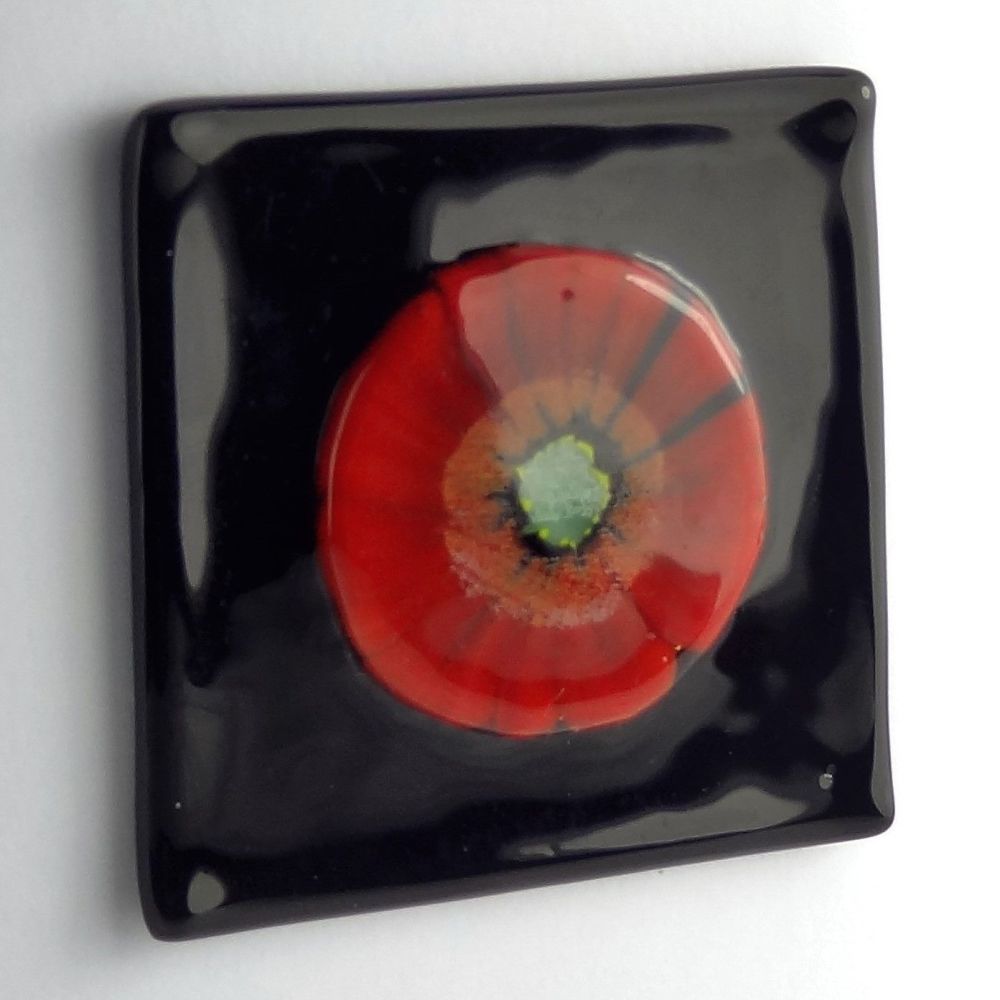 Handmade fused glass art blank greeting card, black and red poppy flower, floral ~ 4x4 inch card, 1.5 inch (+/-) glass (#380)