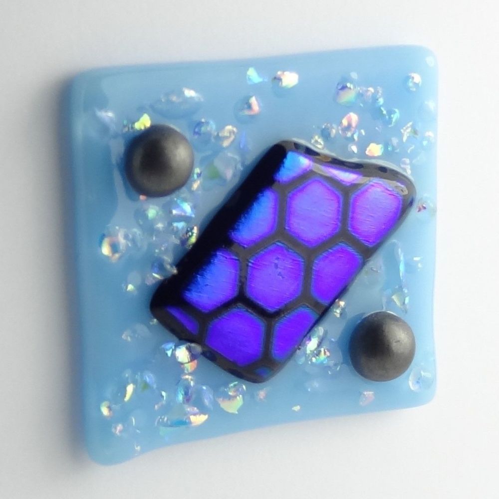 Handmade fused glass art greeting card, any occasion, birthday ~ blue and silver ~ 4x4 inch card, 1.5 inch (+/-) glass (#128)