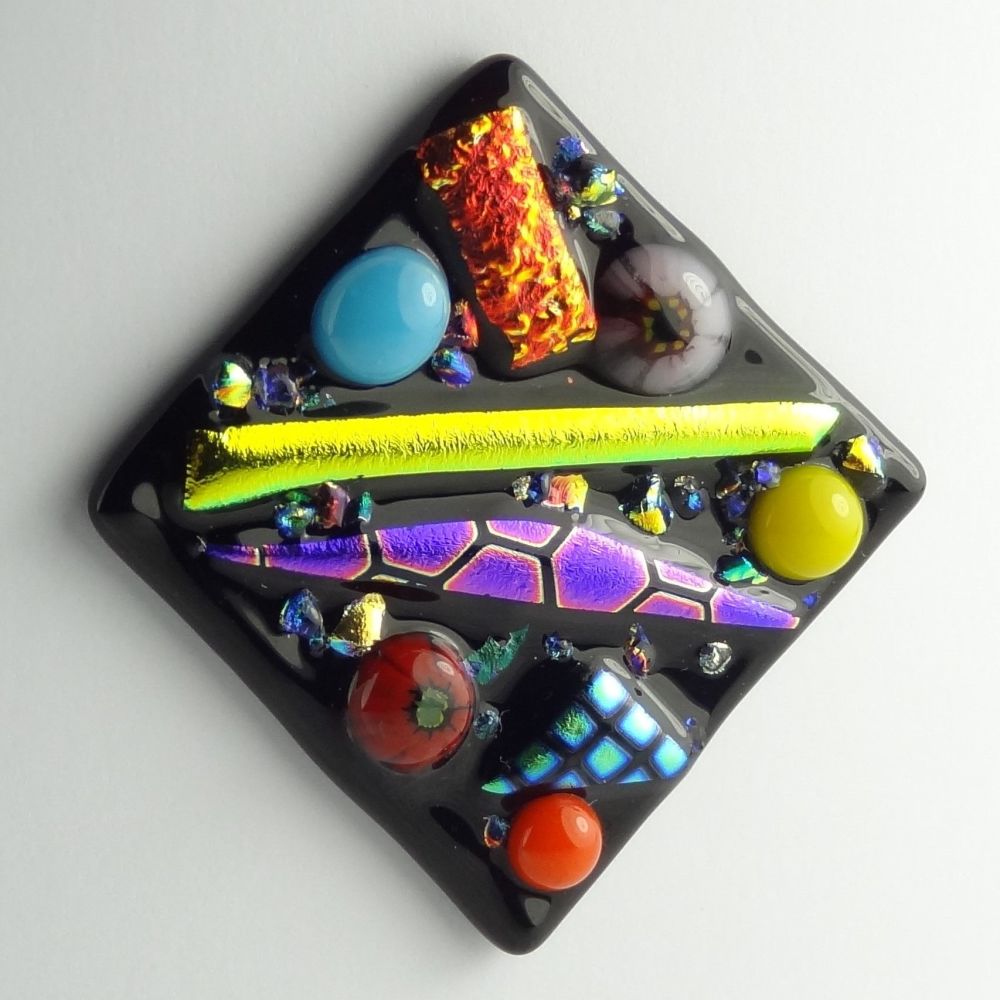 Handmade fused glass art greeting card, any occasion, birthday ~ multi-coloured ~ 4x4 inch card, 1.5 inch (+/-) glass (#137)