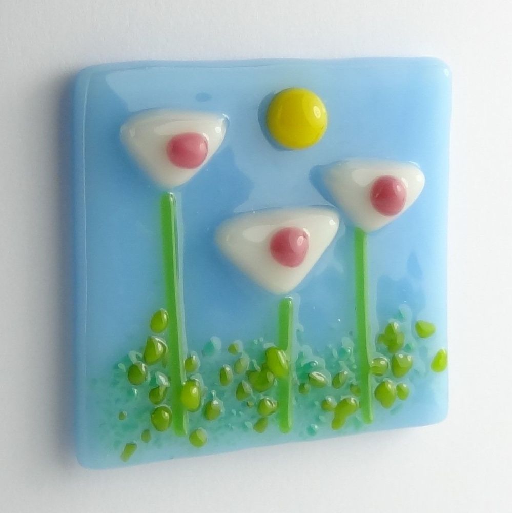 Handmade fused glass art greeting card, any occasion, birthday, white & pink flowers, floral ~ 4x4 inch card, 1.5 inch (+/-) glass (#59)