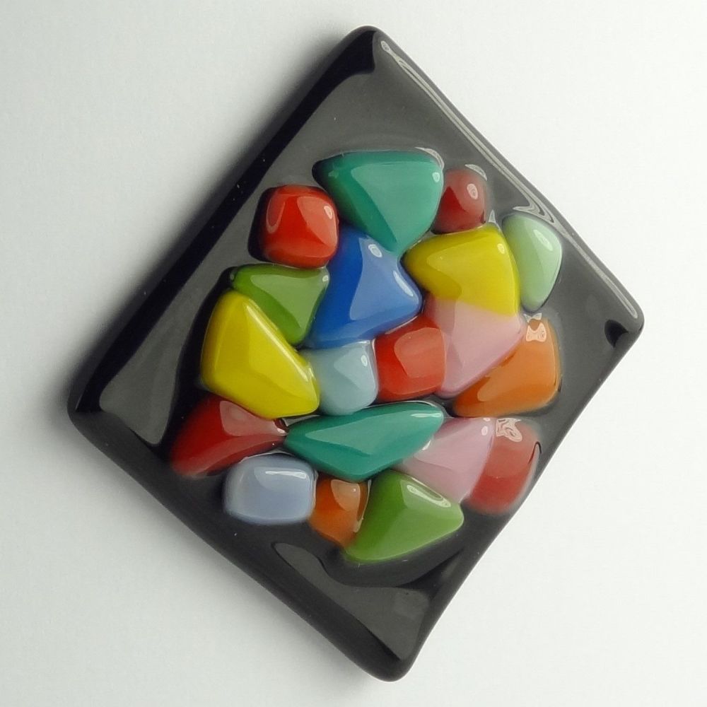 Handmade fused glass art greeting card, any occasion, birthday ~ multi-coloured ~ 4x4 inch card, 1.5 inch (+/-) glass (#231)