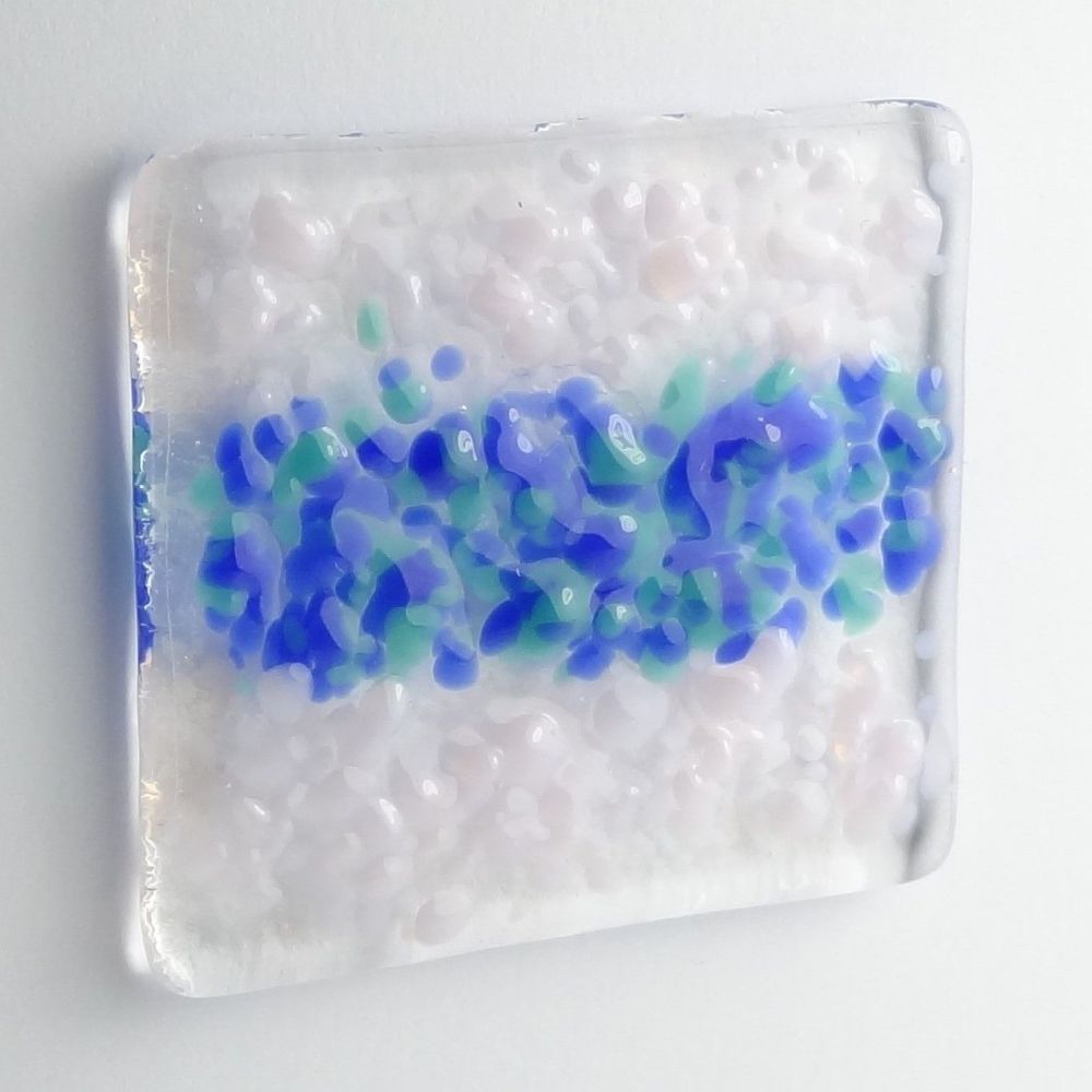 Handmade fused glass art greeting card, any occasion, birthday ~ blue & pink ~ 4x4 inch card, 1.5 inch (+/-) glass (#12)