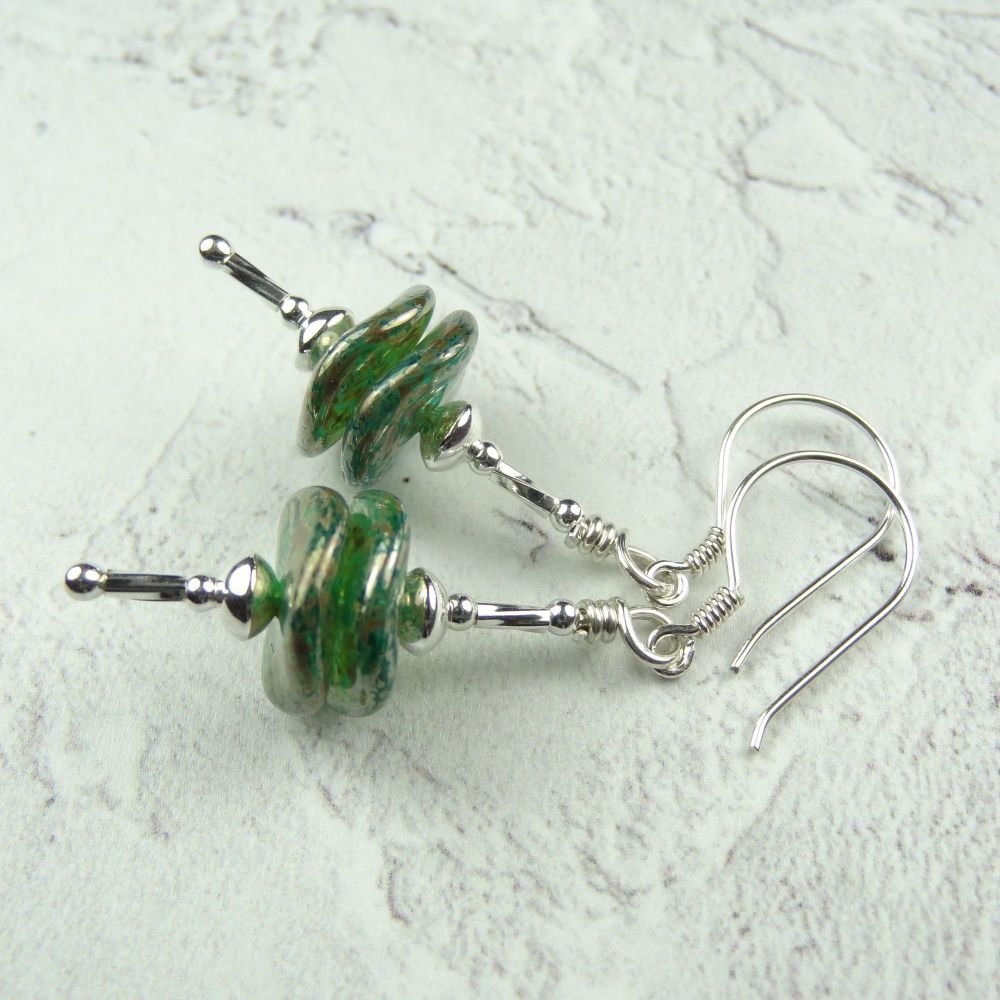 Sterling silver green rustic Czech glass wavy ripple discs drop earrings