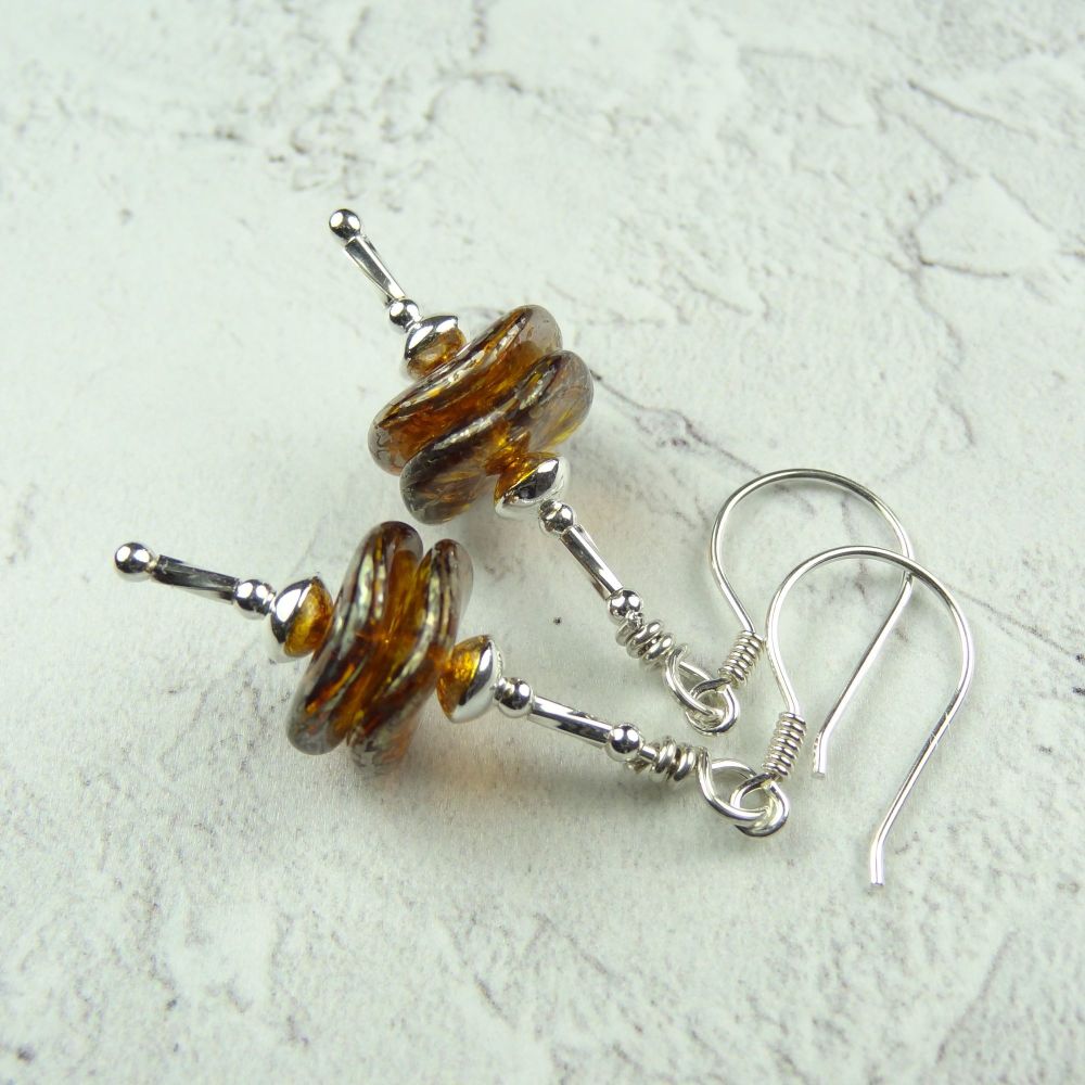 Sterling silver golden yellow rustic Czech glass wavy ripple discs earrings