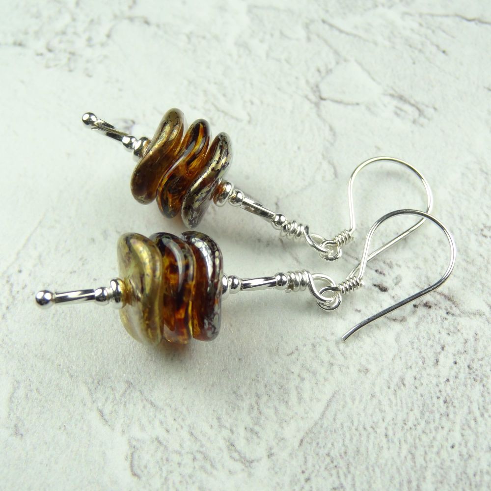 Sterling silver golden yellow topaz rustic Czech glass wavy ripple discs with silver picasso finish drop earrings,  in a gift box (#30424)