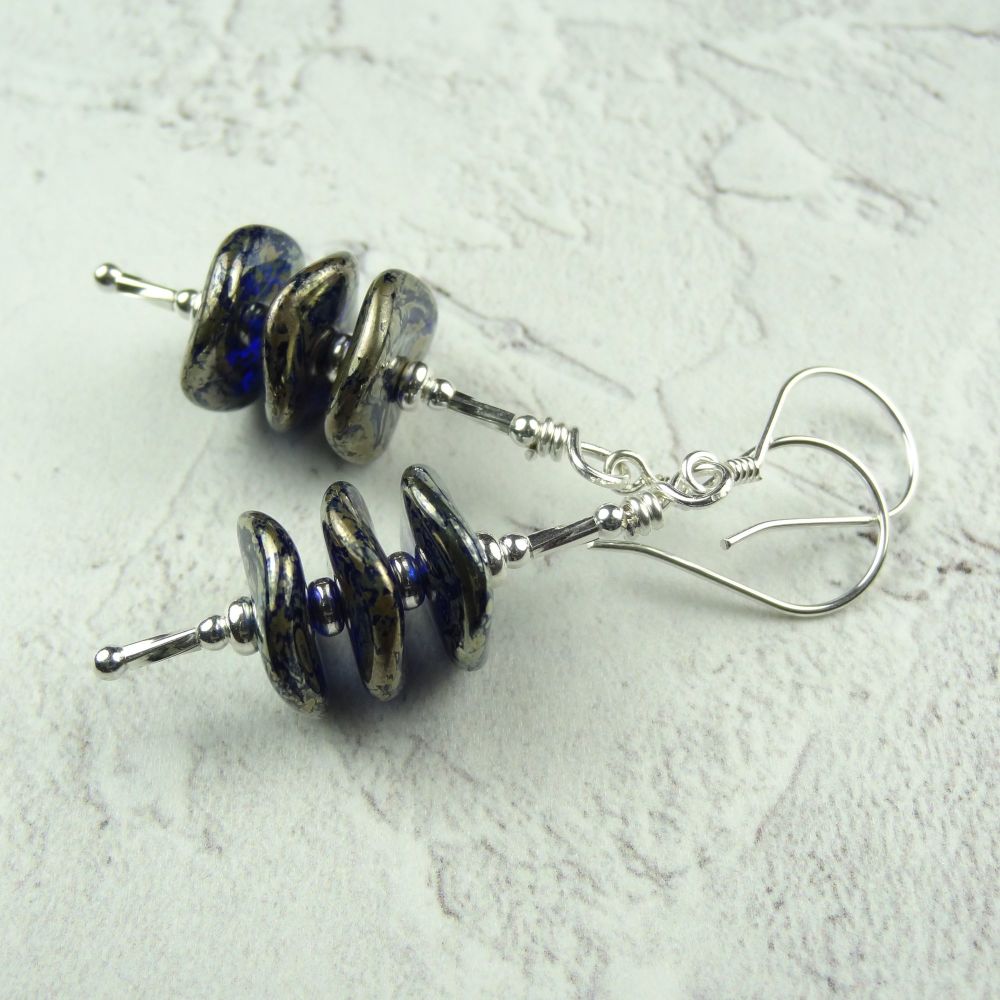 Sterling silver blue rustic Czech glass wavy ripple disc earrings