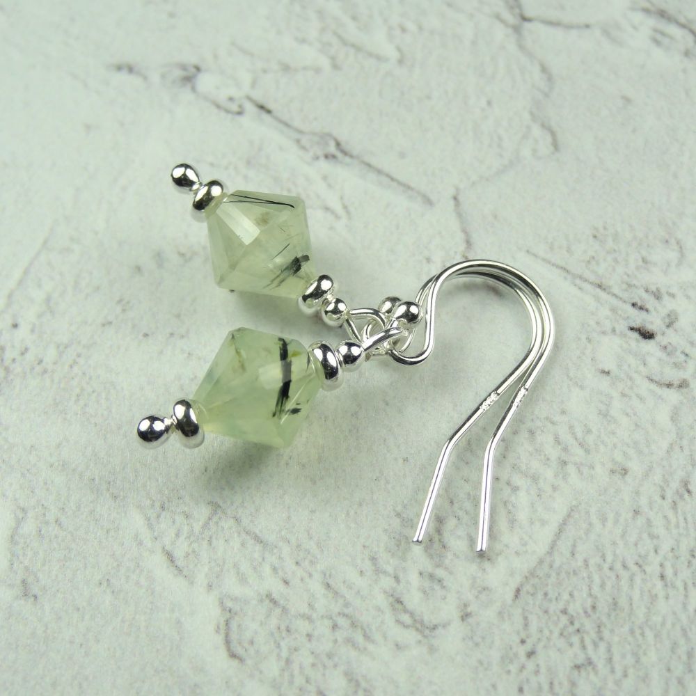 Pale Green Prehnite bicone shaped semi-precious stone & sterling silver drop earrings, in a gift box (#30276)