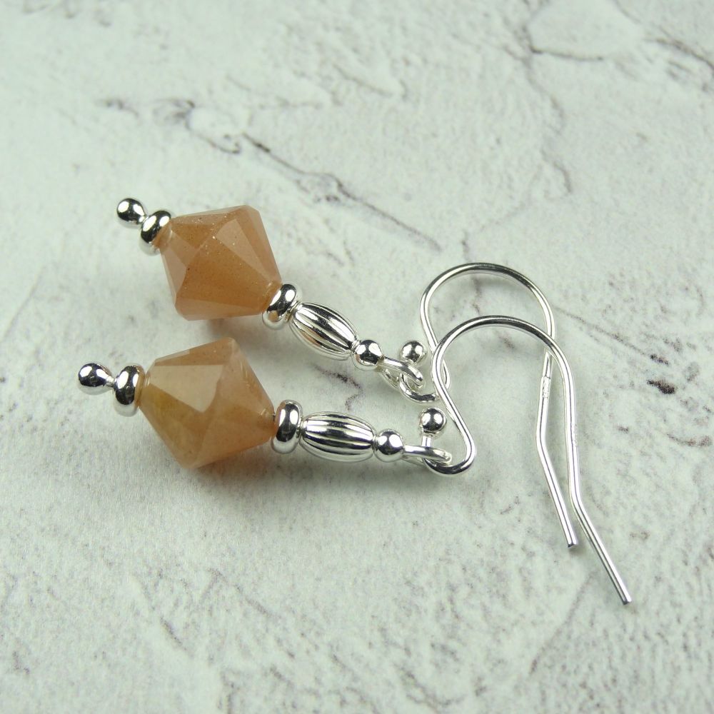 Sterling silver & bicone shaped Peach Moonstone semi-precious stone drop/dangle earrings, in a gift box - June birthday birthstone (#30212)