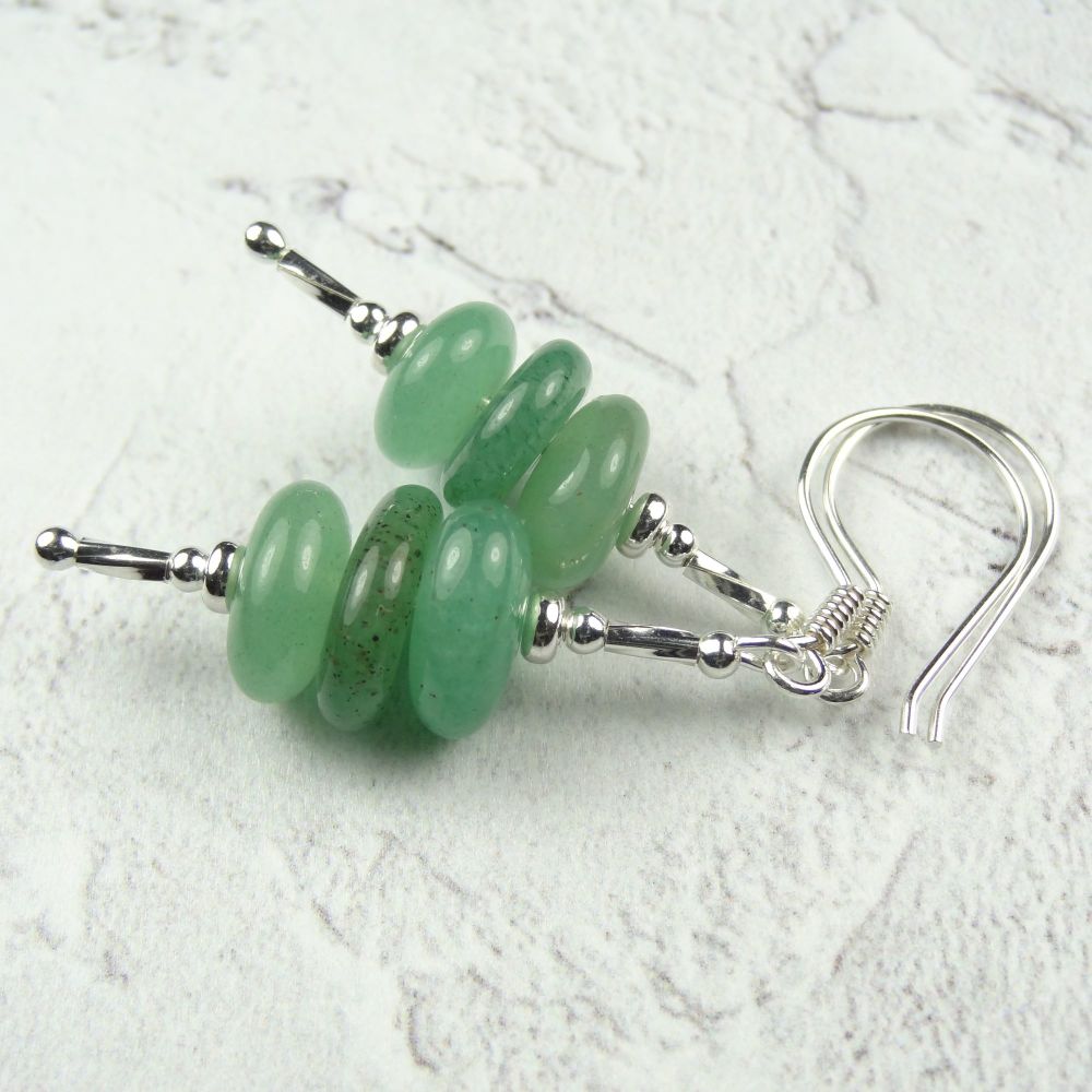 Sterling silver & Green Aventurine smooth nugget semi-precious stone drop earrings, in a gift box (#30137)