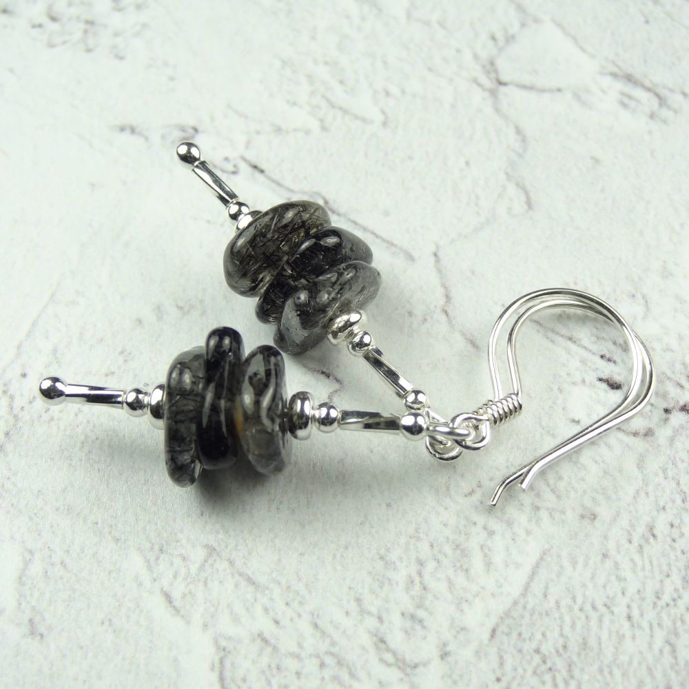 Sterling silver & black Tourmalinated Quartz smooth nugget earrings