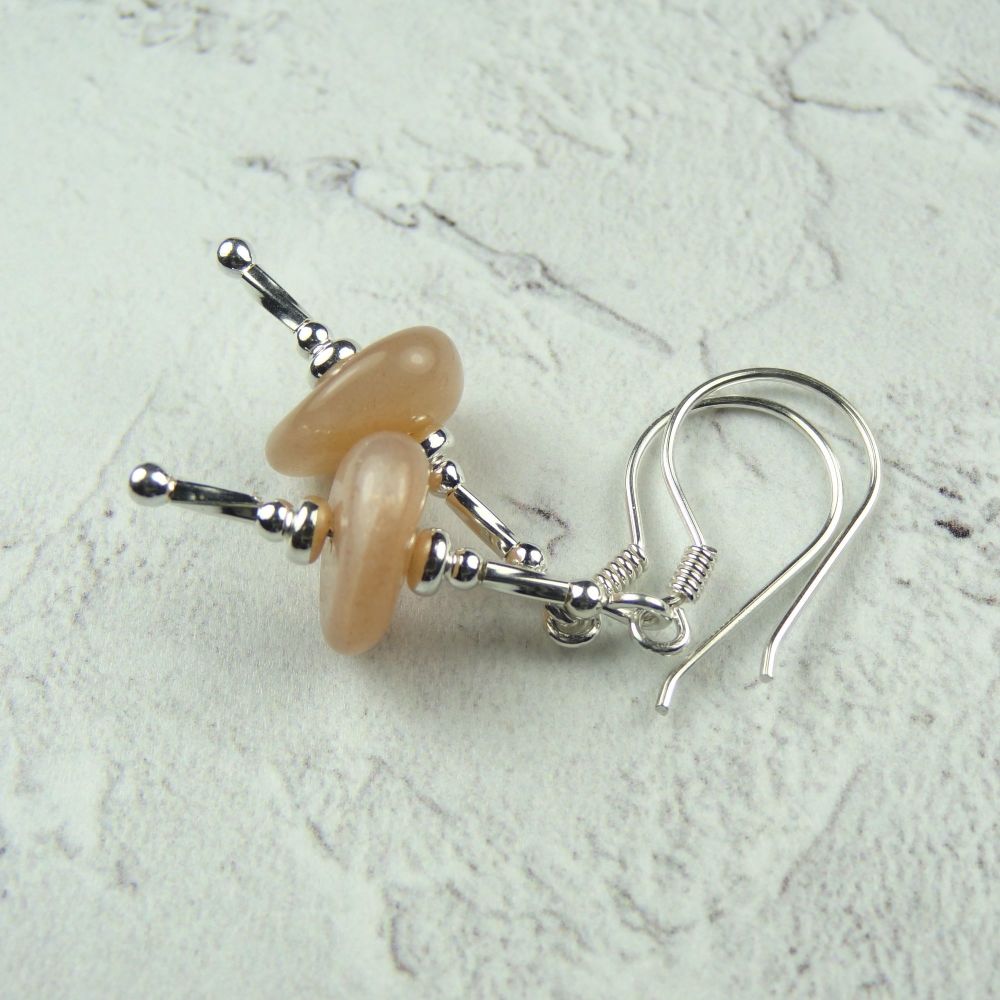 Sterling silver & Peach Moonstone smooth nugget semi-precious stone drop/dangle earrings, in a gift box - June birthday birthstone (#30267)