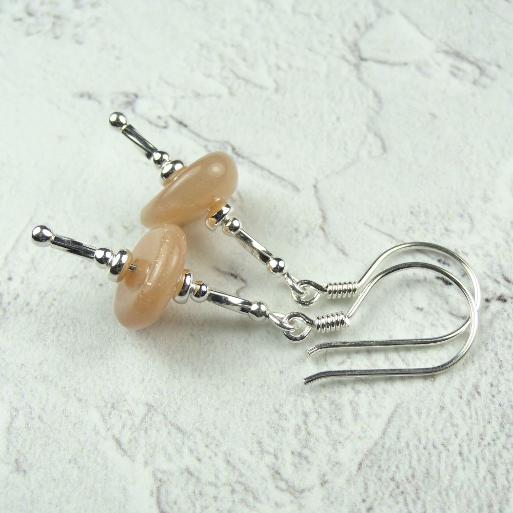 Sterling silver & Peach Moonstone smooth nugget semi-precious stone drop/dangle earrings, in a gift box - June birthday birthstone (#30267)