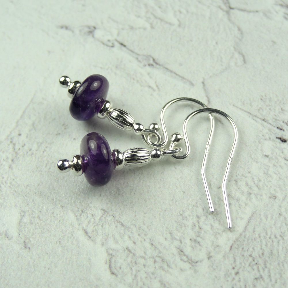 Sterling silver & purple Amethyst rondelle semi-precious stone drop/dangle earrings - February birthday birthstone (#30324)