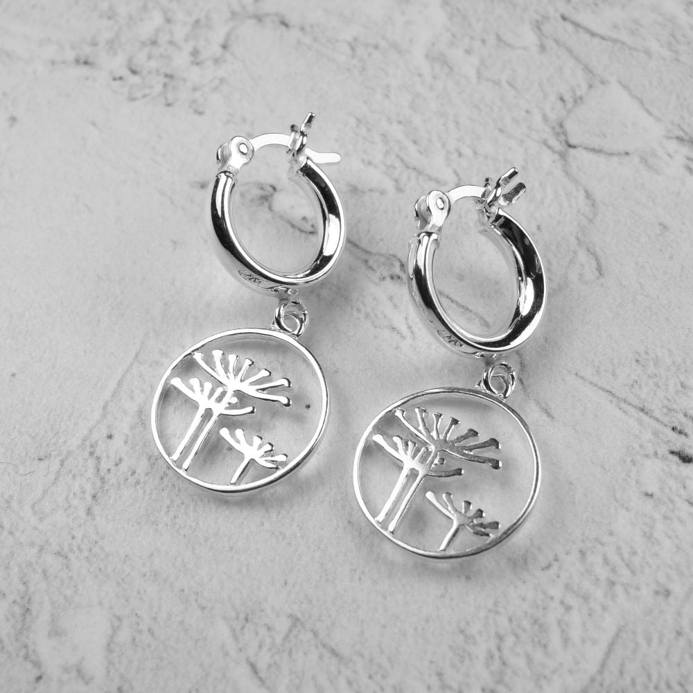 Sterling silver Queen Anne's Lace flower huggie/hoop earrings, in a gift box