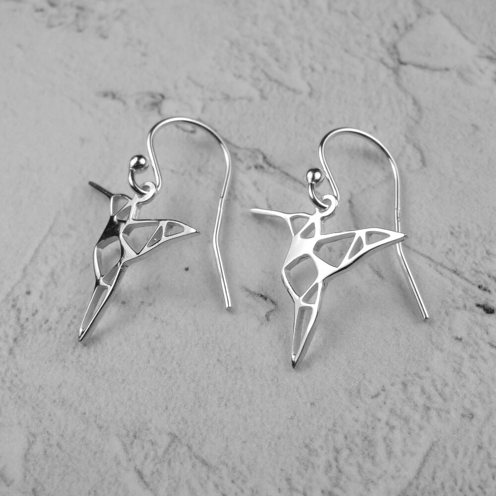 Sterling silver drop/dangle earrings with origami hummingbirds, in a gift box