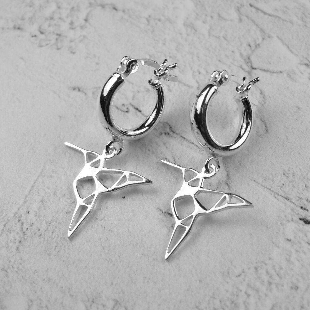 Sterling silver huggie hoop earrings with origami hummingbirds, in a gift box