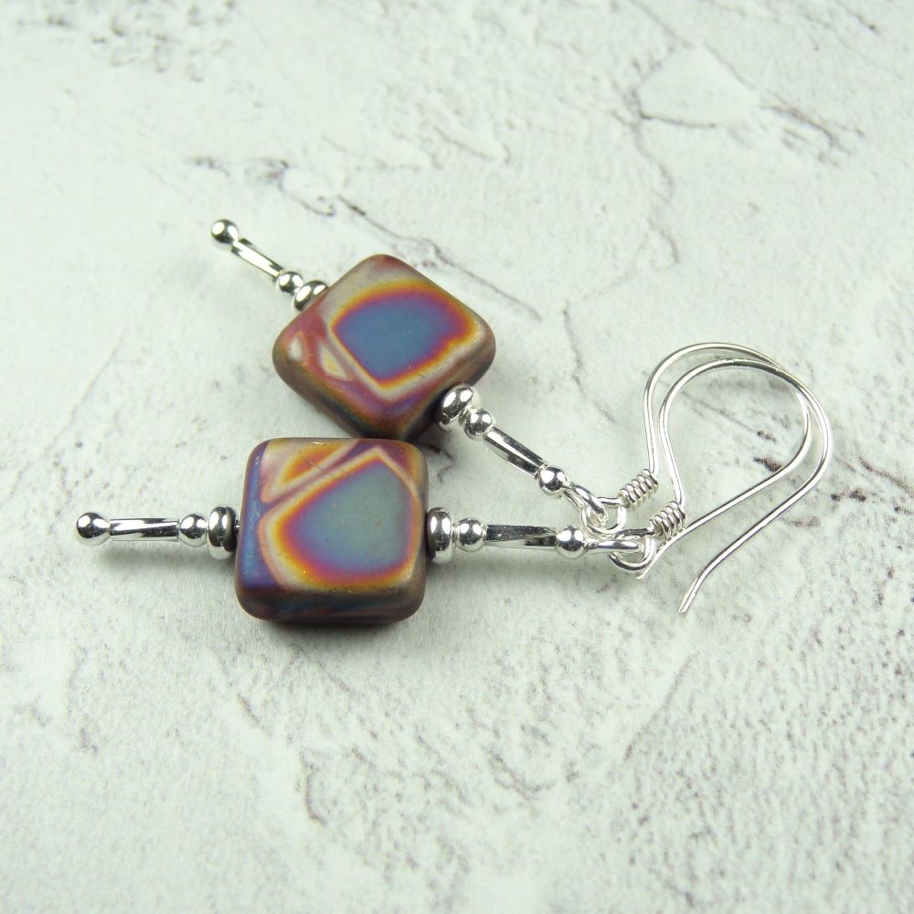 Multi-coloured square Czech glass and Sterling Silver drop/dangle earrings