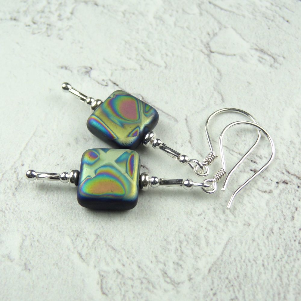 Multi-coloured square/slab Czech glass and Sterling Silver drop/dangle earrings, in a gift box (#30509)