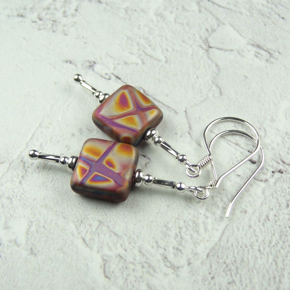 Multi-coloured square Czech glass and Sterling Silver drop/dangle earrings