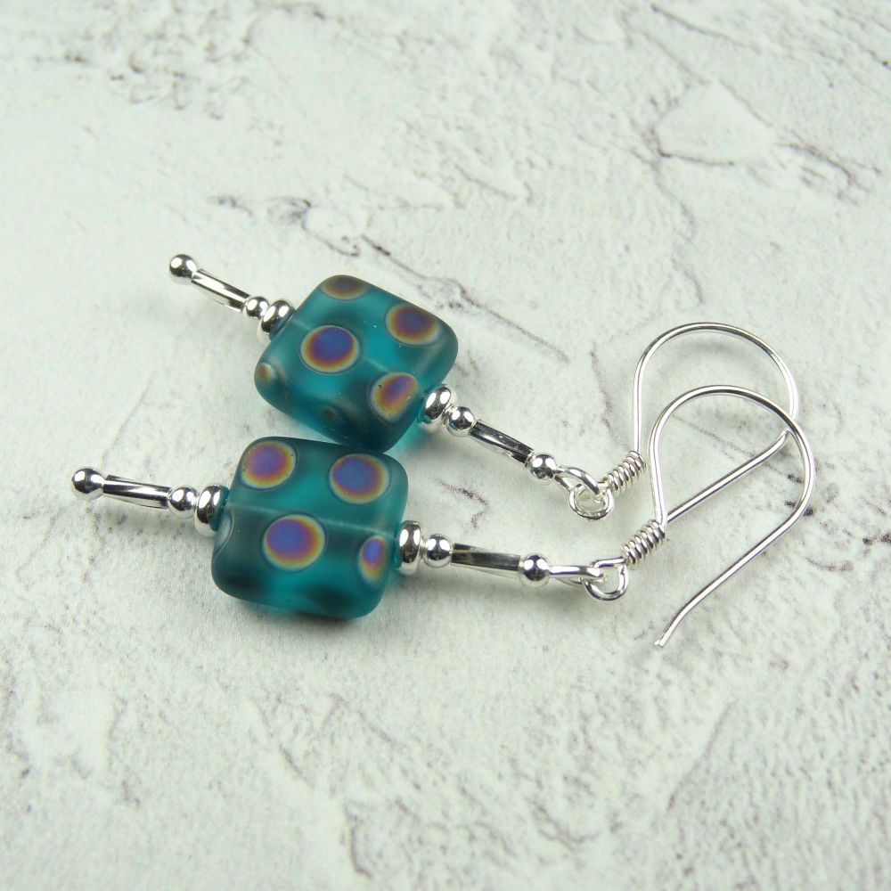 Blue & multi-coloured spotted square/slab Czech glass Sterling Silver earri